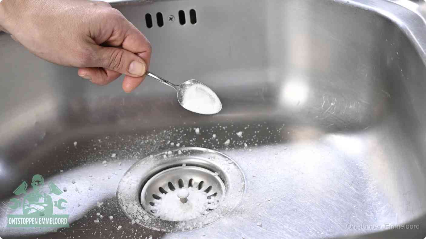 Een hand strooit met een lepel soda in een afvoerputje, de soda en azijn huismiddel-methode om de wc te ontstoppen in Emmeloord