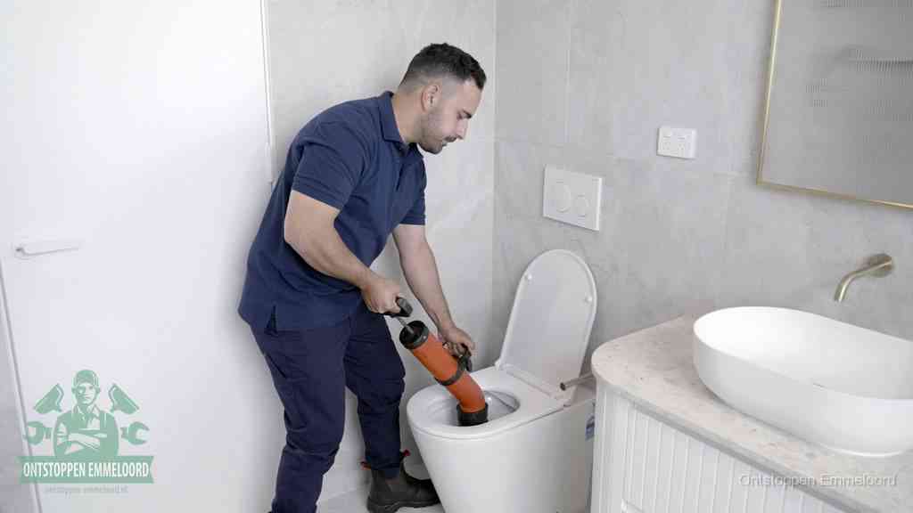 Een monteur gebruikt een handmatige perspomp (toiletontstopper) op een wandcloset tijdens het professioneel wc ontstoppen in Emmeloord